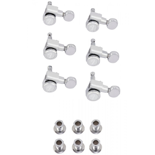 990818500 - Fender® Staggered Locking Tuners with Vintage-Style Buttons Polished Chrome 6-pack