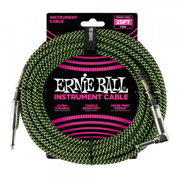 Ernie Ball 6066 fekete/zöld 7,65m szövet gitárkábel