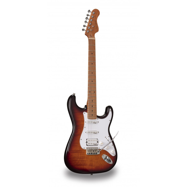 SOUNDSATION RIDER-DELUXE-M TSB - Dupla cutaway elektromos gitár 2 single coil + osztható humbucker hangszedővel és önzáró kulcsokkal (Wilkinson hardver, roasted juhar nyak+fogólap, lángolt fedlap)