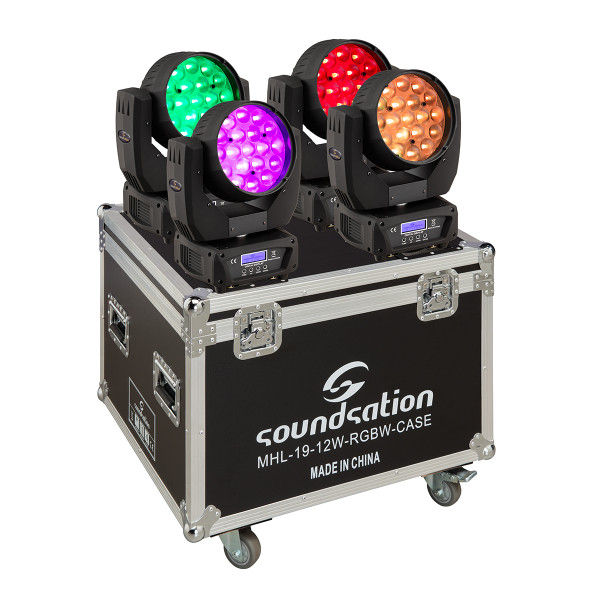 SOUNDSATION MHL-19-12W-RGBW SET - Set of 4 Beam & Wash LED Moving Head 1 -12W RGBW 4in1 Zoom with Flight Case