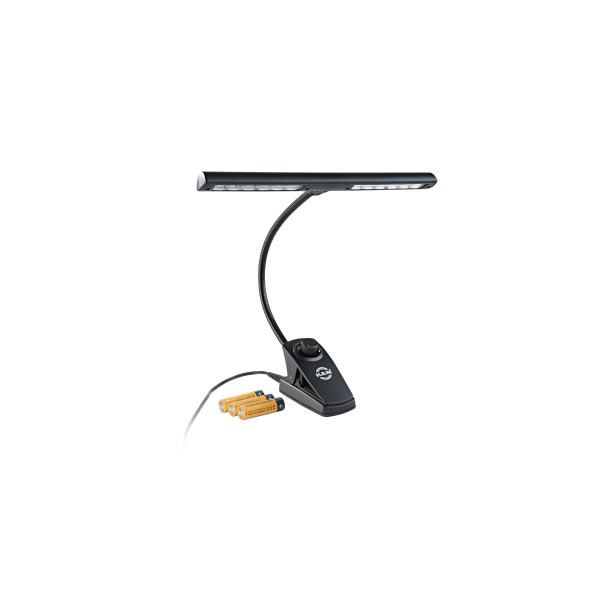 König & Meyer 12295 - kottalámpa 12 LED (2x1400 lux), fényerőszabályzó, 3xAA elem és 110-240 V AC adapter, fekete