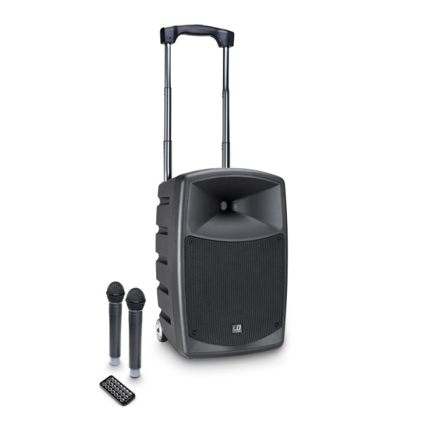 LD Systems ROADBUDDY 10 HHD 2 - 10"-os aktív, akkumulátorról is üzemelő mobil PA, 2 kézimikrofonos vezeték nélküli rendszerrel, 863-865 MHz