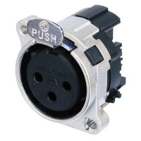 Neutrik NC3FBH1 - 3 pólusú XLR aljzat vízszintes nyákhoz, közösített 1. láb+GND+ház, retesszel, A ház