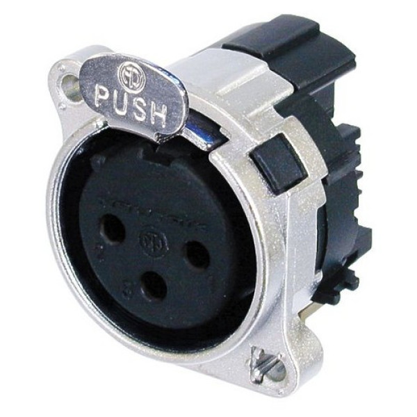 Neutrik NC3FBH1 - 3 pólusú XLR aljzat vízszintes nyákhoz, közösített 1. láb+GND+ház, retesszel, A ház