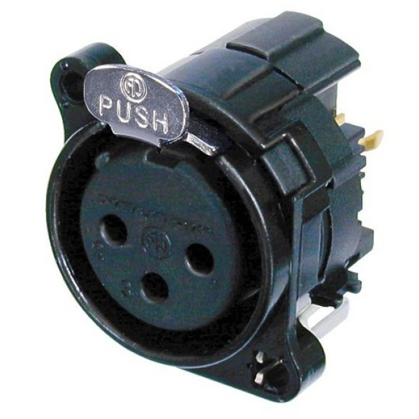 Neutrik NC3FBV2-B - 3 pólusú XLR aljzat fekete, függőleges nyákhoz, külön GND és ház, retesz-szemmel, B ház